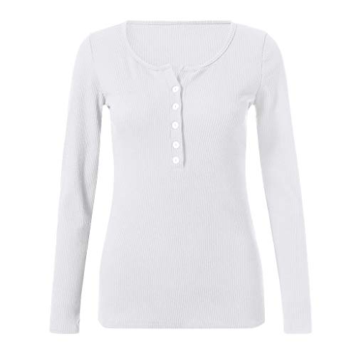 JiaMeng Moda Casual para Mujer Sexy con Cuello Camisas Henley con Cuello en V Manga Larga Botones sólidos Tops básicos Camisetas Camisa Jersey Blusa Tops (Blanco, S)