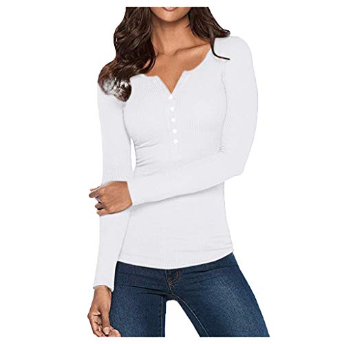 JiaMeng Moda Casual para Mujer Sexy con Cuello Camisas Henley con Cuello en V Manga Larga Botones sólidos Tops básicos Camisetas Camisa Jersey Blusa Tops (Blanco, S) JiaMeng Moda Casual para Mujer Sexy con Cuello Camisas Henley con Cuello en V Manga Larga Botones sólidos Tops básicos Camisetas Camisa Jersey Blusa Tops (Blanco, S)