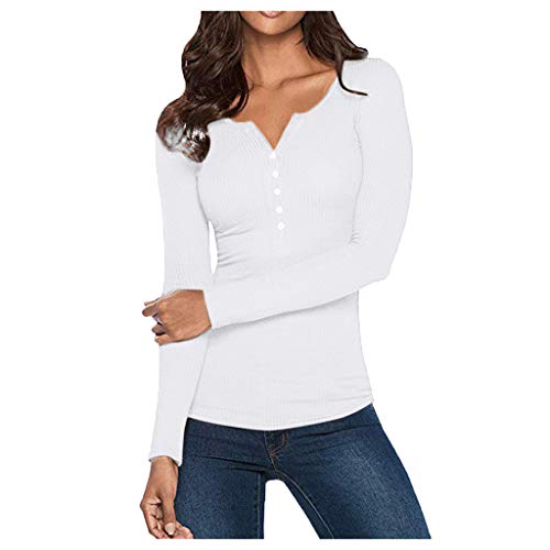 JiaMeng Moda Casual para Mujer Sexy con Cuello Camisas Henley con Cuello en V Manga Larga Botones sólidos Tops básicos Camisetas Camisa Jersey Blusa Tops (Blanco, S)