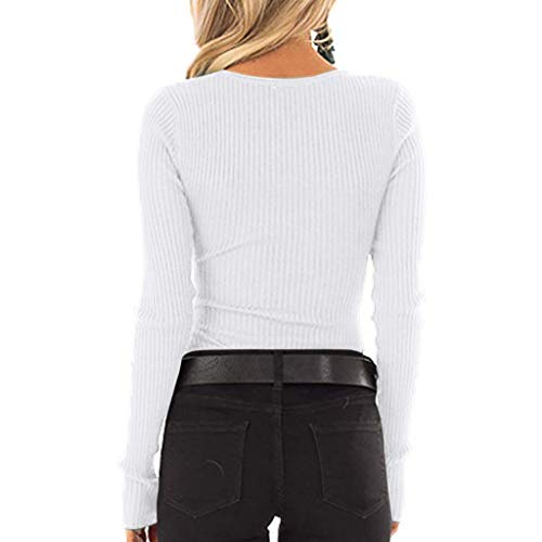 JiaMeng Moda Casual para Mujer Sexy con Cuello Camisas Henley con Cuello en V Manga Larga Botones sólidos Tops básicos Camisetas Camisa Jersey Blusa Tops (Blanco, S)