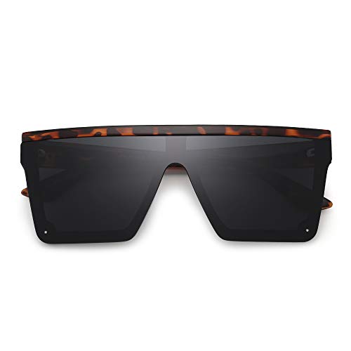 JIM HALO Gafas de Sol con Protección Superior Plana Gafas Cuadradas sin Montura de Espejo Para Mujeres y Hombres (Montura de Tortuga/Lente Gris)