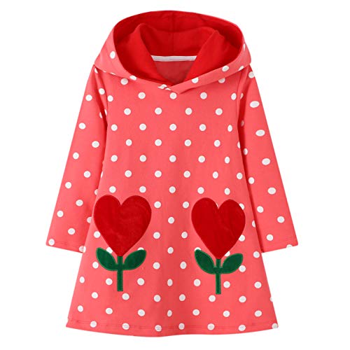 JinBei Vestidos con Capucha Niñas Largo Túnica Pullover Tops Manga Larga Algodón Suéter Casual Lunares Flores Rojo Otoño Sudadera con Capucha 2 3 4 5 6 7 años