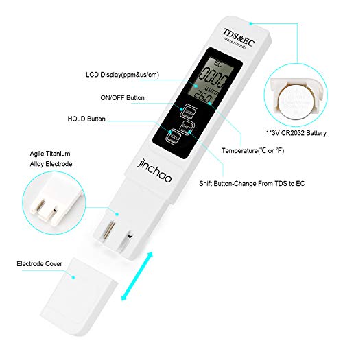 JINCHAO Calidad del Agua Medidor de Prueba, Medidor PH TDS Temperatura EC 4 en 1 Digital, para Agua Potable, hidroponía, jardinería, acuarios, Piscinas y spas