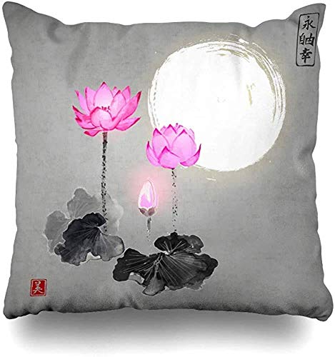 jingqi Throw Pillow Cover Asiático Acuarela Mooncake Pink Lotus Flowers Moon Nature Festival Linterna Meditación Planta Diseño Funda de Almohada Funda de cojín Cuadrado
