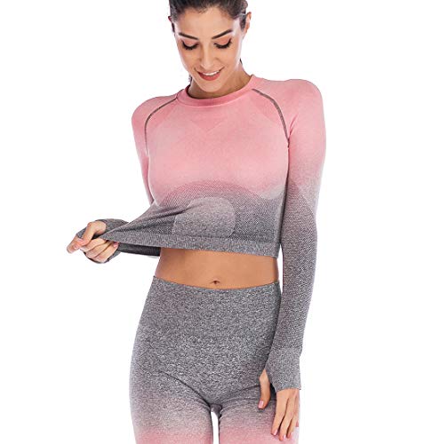 JLTPH Mujeres Tops de Yoga Gradiente Sin Costuras Cuello Redondo Manga Larga Camisetas de Deporte Crop Top Gym Camisa de Fitness Navel Camiseta Sportwear JLTPH Mujeres Tops de Yoga Gradiente Sin Costuras Cuello Redondo Manga Larga Camisetas de Deporte Crop Top Gym Camisa de Fitness Navel Camiseta Sportwear