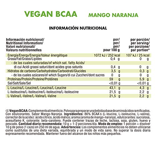 JOE WEIDER VICTORY Vegan BCAA 2:1:1 Mango-Naranja 100% vegano. 300 Gr. 8,7g de BCAA por dosis. Sin grasas, sin azúcares