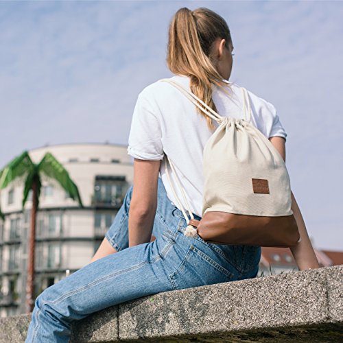 Johnny Urban Mochila de Cuerda Beige/Marrón Bolsa de Cuerdas para Hombre Mujer Niños y Adolescentes - Mochilas Cordón de Gimnasio - Bolsa Deporte de Algodón y Cuero Vegano