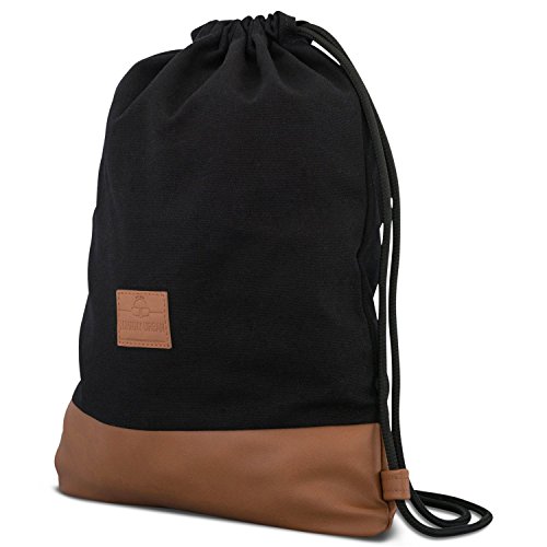 Johnny Urban Mochila de Cuerda Negro/Marrón Bolsa de Cuerdas para Hombre Mujer Niños y Adolescentes - Mochilas Cordón de Gimnasio - Bolsa Deporte de Algodón y Cuero Vegano