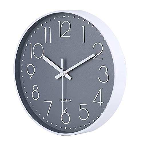 jomparis Reloj de Pared Moderno,Grandes Decorativos Silencioso Interior Reloj de Cuarzo de Cuarzo Redondo No-Ticking para Sala de Estar,Panel Gris Marco Blanco, Funciona con Pilas,30 cm diámetro,