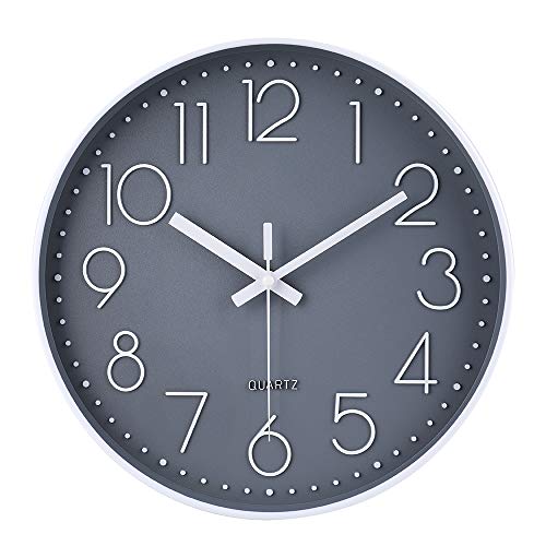 jomparis Reloj de Pared Moderno,Grandes Decorativos Silencioso Interior Reloj de Cuarzo de Cuarzo Redondo No-Ticking para Sala de Estar,Panel Gris Marco Blanco, Funciona con Pilas,30 cm diámetro,