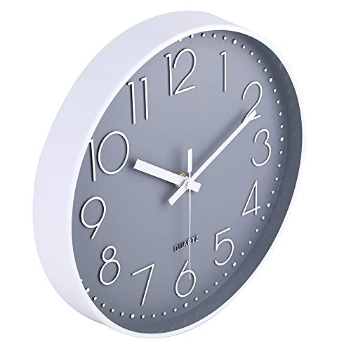 jomparis Reloj de Pared Moderno,Grandes Decorativos Silencioso Interior Reloj de Cuarzo de Cuarzo Redondo No-Ticking para Sala de Estar,Panel Gris Marco Blanco, Funciona con Pilas,30 cm diámetro,