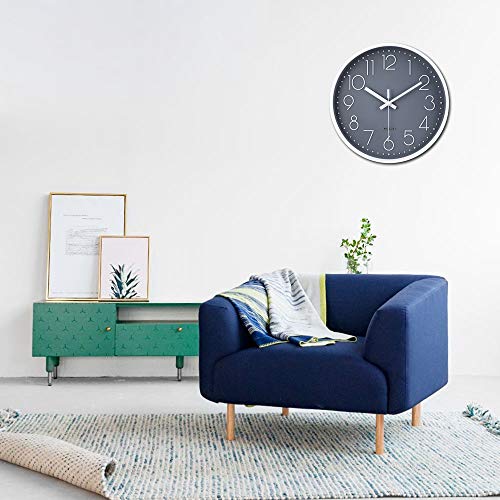 jomparis Reloj de Pared Moderno,Grandes Decorativos Silencioso Interior Reloj de Cuarzo de Cuarzo Redondo No-Ticking para Sala de Estar,Panel Gris Marco Blanco, Funciona con Pilas,30 cm diámetro,