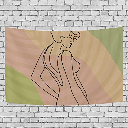 JONINOT Line Art of Woman On Palm Leaves Tapiz de Dormitorio Colgante de Pared Exclusivo Tapices de Fondo Multiusos para Sala de Estar, Entrada y Cocina. 60x40 Pulgadas