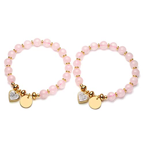 Jovivi Pulsera de equilibrio con forma de corazón y chakras con piedras duras naturales y auténticas, colgante de metal, joyas pulsera de perlas para mujer Cuarzo rosa.