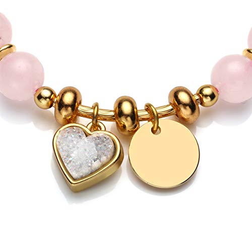 Jovivi Pulsera de equilibrio con forma de corazón y chakras con piedras duras naturales y auténticas, colgante de metal, joyas pulsera de perlas para mujer Cuarzo rosa.