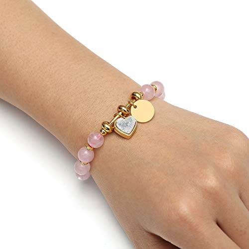 Jovivi Pulsera de equilibrio con forma de corazón y chakras con piedras duras naturales y auténticas, colgante de metal, joyas pulsera de perlas para mujer Cuarzo rosa.