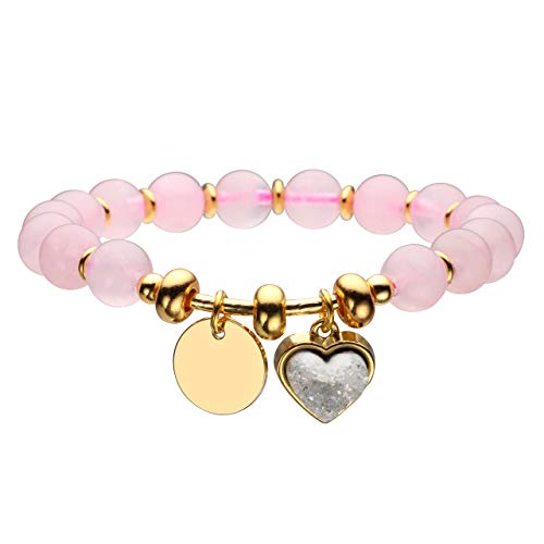 Jovivi Pulsera de equilibrio con forma de corazón y chakras con piedras duras naturales y auténticas, colgante de metal, joyas pulsera de perlas para mujer Cuarzo rosa.
