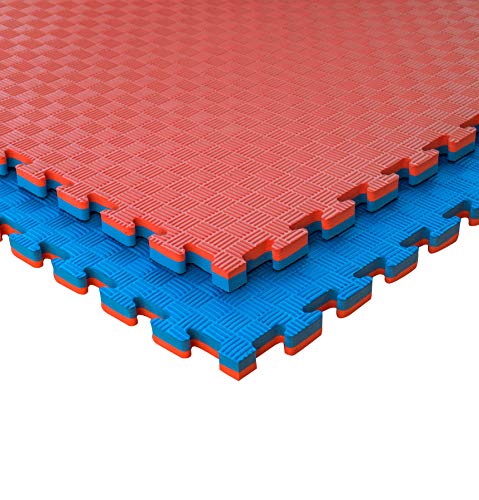 JOWY Lote 4 Unidades Esterilla Goma Espuma Tatami Puzzle | Suelo para Gimnasio Ideal Artes Marciales 1m x 1m x 2 cm Rojo/Azul en Acabado de 5 líneas