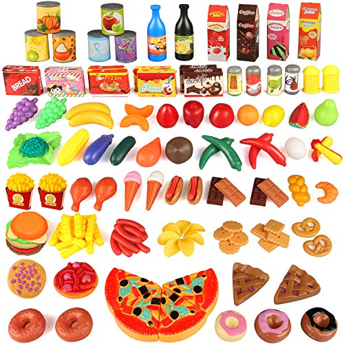 joylink 139pcs de Juguetes Cortar Frutas Verduras Pizza Juego de Plástico para Niños Juguetes Temprano Eeducativos Set de Alimentos de Corte Juguete del Bebé