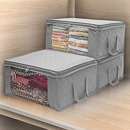 JSENGE Bolsa de Almacenamiento para Ropa Plegable, Almacenaje Bajo La Cama, Contenedor de Ropa de Tela, para Edredones Fundas Almohadas Juguetes Chaquetas Ropa, 48 x 20 x 35cm, 3 Piezas (Gris)