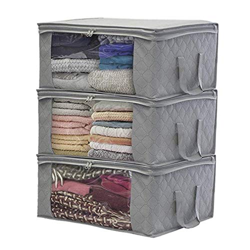 JSENGE Bolsa de Almacenamiento para Ropa Plegable, Almacenaje Bajo La Cama, Contenedor de Ropa de Tela, para Edredones Fundas Almohadas Juguetes Chaquetas Ropa, 48 x 20 x 35cm, 3 Piezas (Gris)