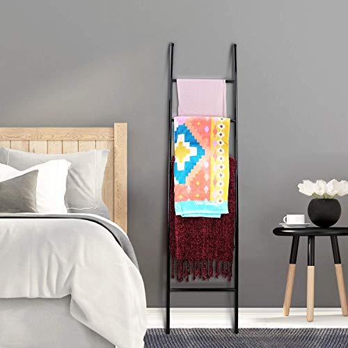 JSMY Escalera de Metal para Toallas de baño,Color Negro,Estante de Secado Inclinado a la Pared,6 Niveles,Soporte para Mantas,Soporte para Sala de Estar,Uso para exhibir Toallas,edredones,Ropa y p