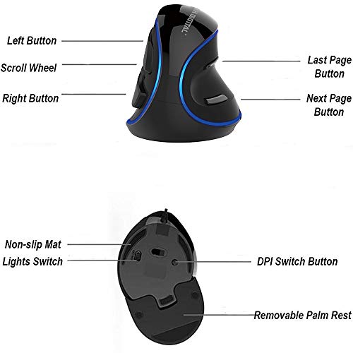 JTD Ratón Vertical con Cable Ratón ergonómico óptico 600/1000/1600 PPP Luz LED Azul con reposamanos Desmontable para Oficina (no para Juegos) - Reduzca el Dolor en Las Manos/muñecas