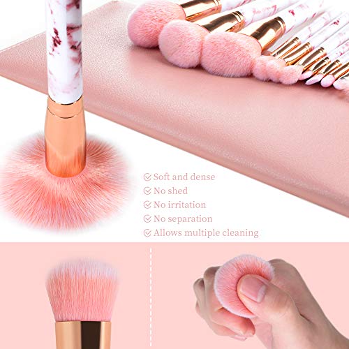 Juego de 12 brochas de maquillaje de mármol rosa con corrector de base de maquillaje Blush, sombra de ojos, brochas de maquillaje Beauty Blender y bolsa de maquillaje