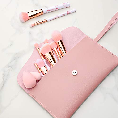 Juego de 12 brochas de maquillaje de mármol rosa con corrector de base de maquillaje Blush, sombra de ojos, brochas de maquillaje Beauty Blender y bolsa de maquillaje