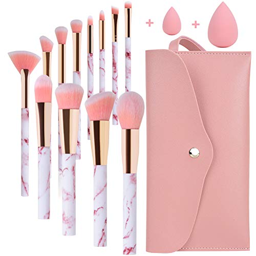 Juego de 12 brochas de maquillaje de mármol rosa con corrector de base de maquillaje Blush, sombra de ojos, brochas de maquillaje Beauty Blender y bolsa de maquillaje