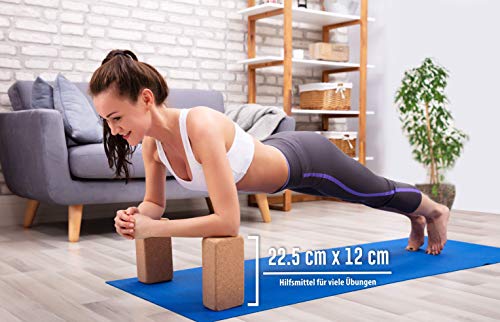 Juego de 2 bloques de yoga de corcho 100% natural - Hatha Klotz también para principiantes Meditación y Pilates, accesorios de fitness ayudas para la regeneración, dos bloques pieza 75 m