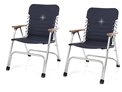 Juego de 2 sillas plegables para barco en color azul marino con reposabrazos de madera + brújula Juego de 2 sillas plegables para barco en color azul marino con reposabrazos de madera + brújula