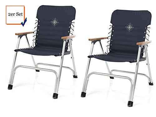 Juego de 2 sillas plegables para barco en color azul marino con reposabrazos de madera + brújula Juego de 2 sillas plegables para barco en color azul marino con reposabrazos de madera + brújula