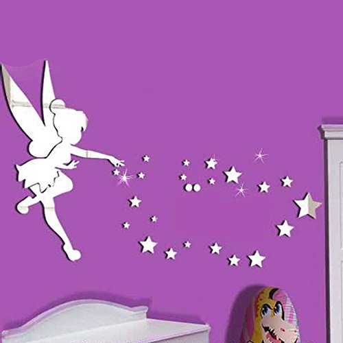 Juego de 26 pegatinas decorativas con efecto espejo de material acrílico para la pared con diseño de Campanilla, para decoración del hogar plateado plata Juego de 26 pegatinas decorativas con efecto espejo de material acrílico para la pared con diseño de Campanilla, para decoración del hogar plateado plata