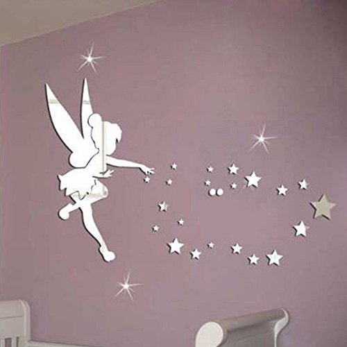 Juego de 26 pegatinas decorativas con efecto espejo de material acrílico para la pared con diseño de Campanilla, para decoración del hogar plateado plata Juego de 26 pegatinas decorativas con efecto espejo de material acrílico para la pared con diseño de Campanilla, para decoración del hogar plateado plata