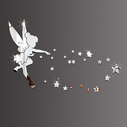 Juego de 26 pegatinas decorativas con efecto espejo de material acrílico para la pared con diseño de Campanilla, para decoración del hogar plateado plata Juego de 26 pegatinas decorativas con efecto espejo de material acrílico para la pared con diseño de Campanilla, para decoración del hogar plateado plata