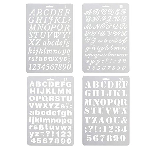 Juego de 4 plantillas de plástico con diseño de letras y números artísticos para manualidades, diarios, álbumes de fotos, álbumes de recortes, agenda y proyectos de arte Juego de 4 plantillas de plástico con diseño de letras y números artísticos para manualidades, diarios, álbumes de fotos, álbumes de recortes, agenda y proyectos de arte