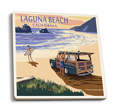 Juego de 4 posavasos de goma para bebidas, Laguna Beach, California, Woody on Beach, posavasos absorbente, para protección de mesa, cocina, sala de bar, decoración