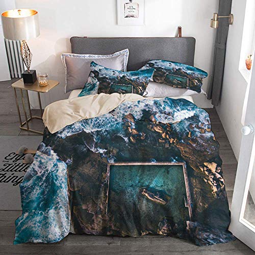 Juego de funda nórdica beige, vista aérea, luz de la mañana temprano con olas del mar que fluyen sobre las rocas alrededor de la piscina North Curl Ocean Rock, juego de cama decorativo de 3 piezas con Juego de funda nórdica beige, vista aérea, luz de la mañana temprano con olas del mar que fluyen sobre las rocas alrededor de la piscina North Curl Ocean Rock, juego de cama decorativo de 3 piezas con