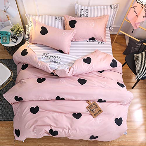 Juego de Funda Nórdica Conjunto de 4 Piezas(1Hojas + 1 Funda Nórdica+ 2 Funda de Almohada) Blanco Negro Rosa Punto Geométrico Forma de corazon Poliéster (Forma de corazon,150x200 cm - Cama 90 cm)