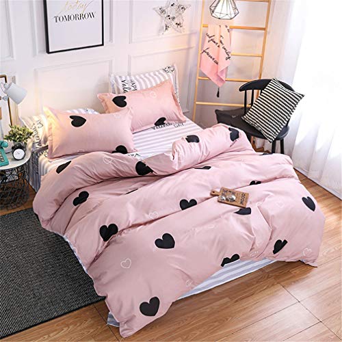 Juego de Funda Nórdica Conjunto de 4 Piezas(1Hojas + 1 Funda Nórdica+ 2 Funda de Almohada) Blanco Negro Rosa Punto Geométrico Forma de corazon Poliéster (Forma de corazon,150x200 cm - Cama 90 cm)