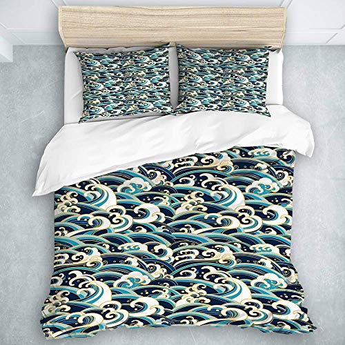 Juego de Funda nórdica, Decorativo Dibujado a Mano Doodle Nature Ornamental Curl Vector Azul, Juego de Cama de Estilo Moderno Informal 3 Piezas