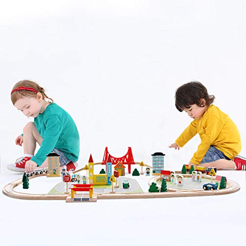 Juego de Pista de Madera 82 PCS con Coches y Trenes Bloques de Construcción Juguete Regalo para Niños Niñas 3 4 5 6 Años