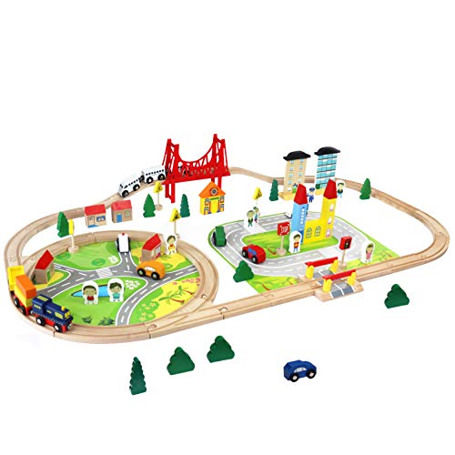 Juego de Pista de Madera 82 PCS con Coches y Trenes Bloques de Construcción Juguete Regalo para Niños Niñas 3 4 5 6 Años