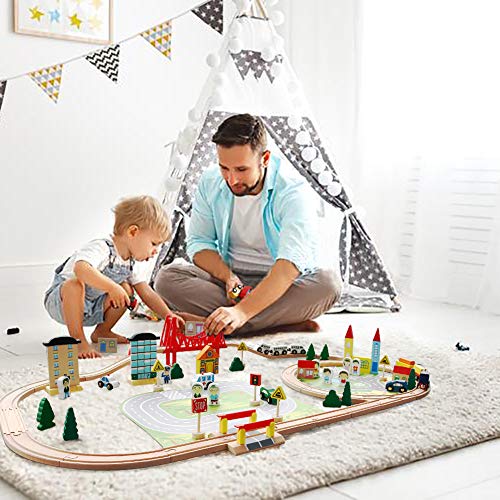 Juego de Pista de Madera 82 PCS con Coches y Trenes Bloques de Construcción Juguete Regalo para Niños Niñas 3 4 5 6 Años