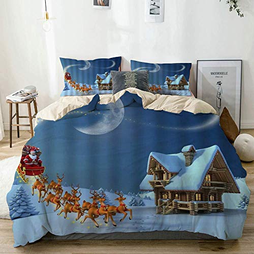 Juego de ropa de cama de 3 piezas, Reno de Navidad de casa de campo de madera que viene a los pinos de Snowfield en la víspera de Año Nuevo, juego de funda nórdica con cremallera de lujo, la última y Juego de ropa de cama de 3 piezas, Reno de Navidad de casa de campo de madera que viene a los pinos de Snowfield en la víspera de Año Nuevo, juego de funda nórdica con cremallera de lujo, la última y