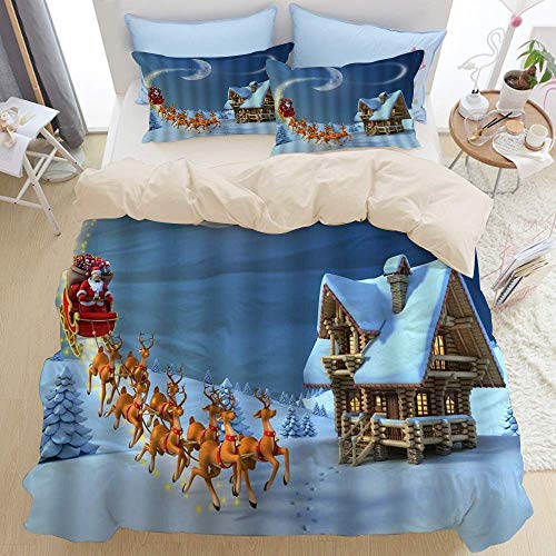 Juego de ropa de cama de 3 piezas, Reno de Navidad de casa de campo de madera que viene a los pinos de Snowfield en la víspera de Año Nuevo, juego de funda nórdica con cremallera de lujo, la última y Juego de ropa de cama de 3 piezas, Reno de Navidad de casa de campo de madera que viene a los pinos de Snowfield en la víspera de Año Nuevo, juego de funda nórdica con cremallera de lujo, la última y