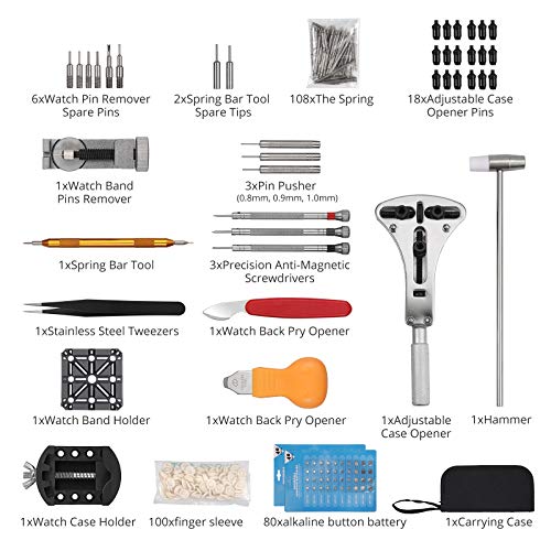 Justech 151PCS Kit de Reparación de Reloj Herramientas de Reparación de Barra de Resorte Abridor de Caja de Reloj con 80PCs Baterías de Reloj + 100g Mangas de Dedo y Estuche de Transporte etc