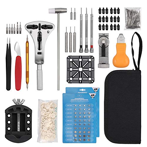 Justech 151PCS Kit de Reparación de Reloj Herramientas de Reparación de Barra de Resorte Abridor de Caja de Reloj con 80PCs Baterías de Reloj + 100g Mangas de Dedo y Estuche de Transporte etc