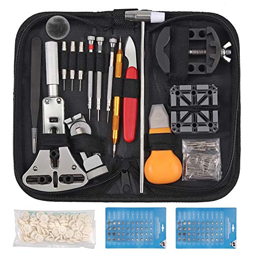 Justech 151PCS Kit de Reparación de Reloj Herramientas de Reparación de Barra de Resorte Abridor de Caja de Reloj con 80PCs Baterías de Reloj + 100g Mangas de Dedo y Estuche de Transporte etc